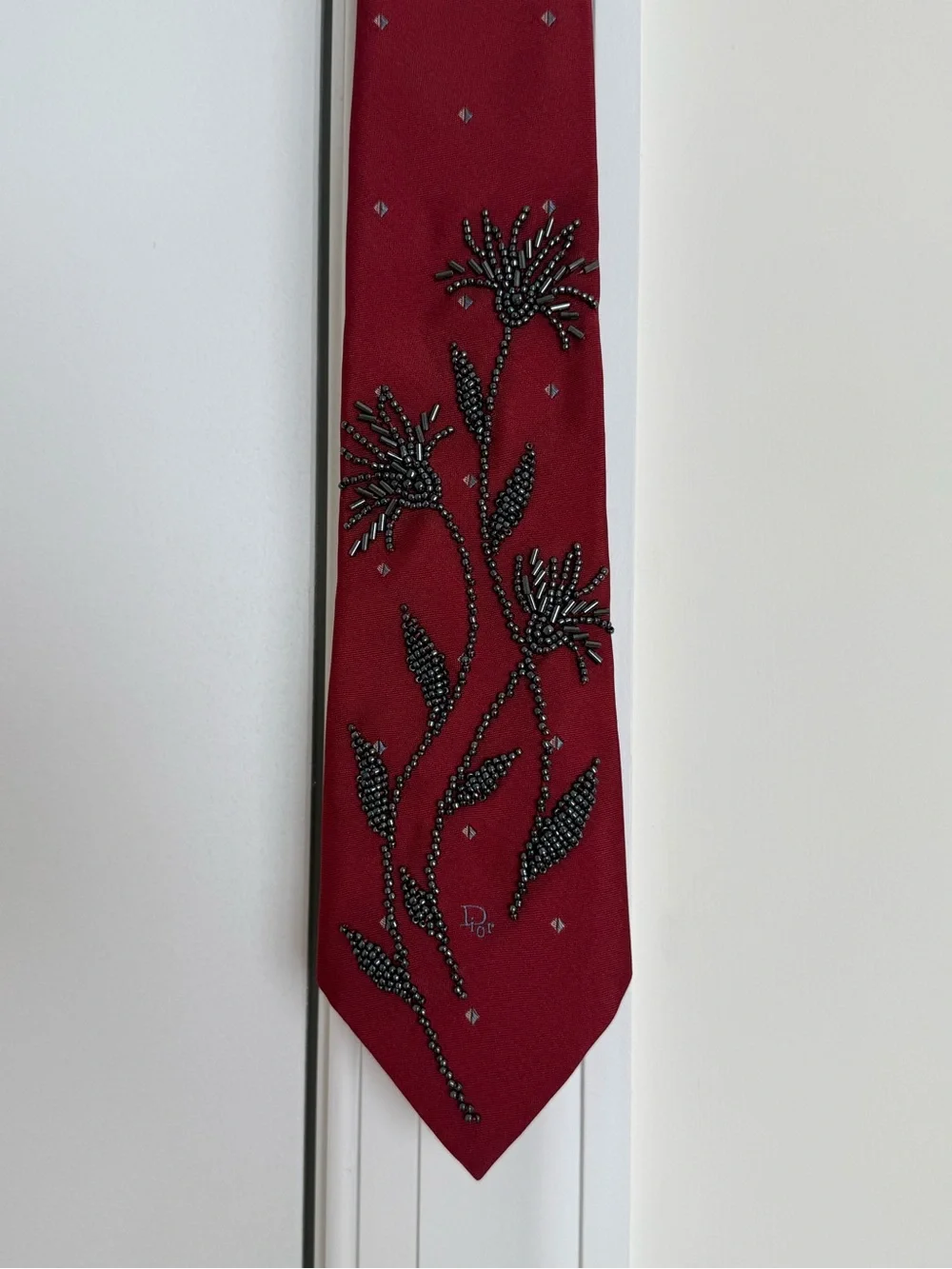 Dior Burgundy Hand Beaded Silk Blend Tie - Picture 8 of 9